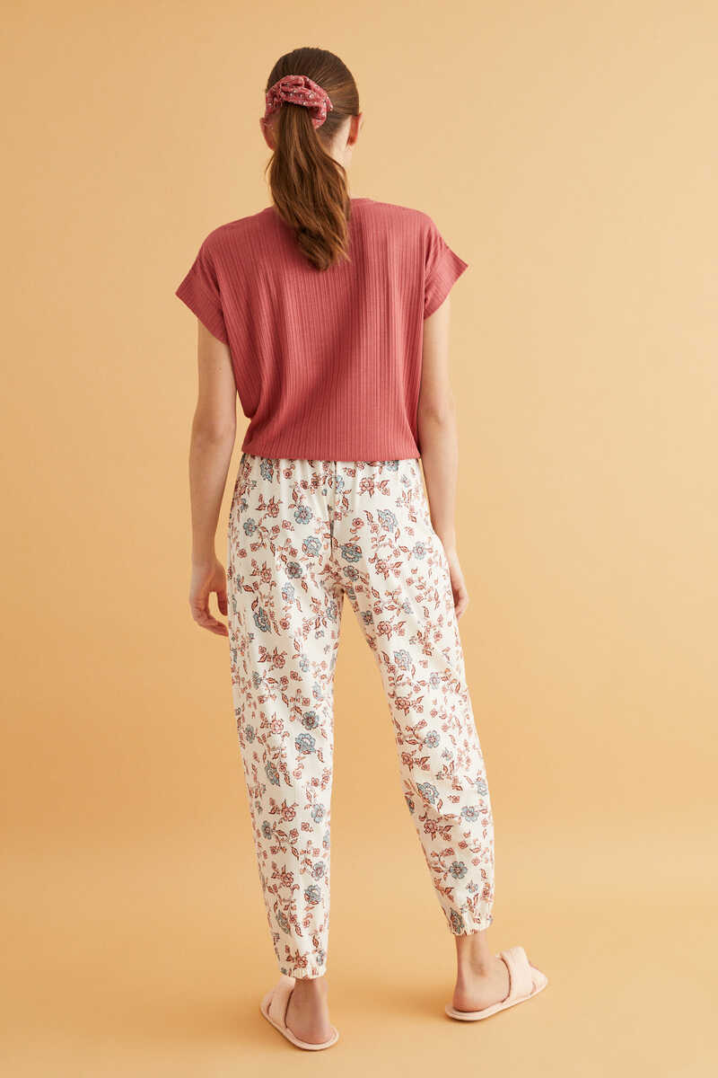 Womensecret Длинные брюки с цветочным принтом белого цвета 100 % хлопок бежевый