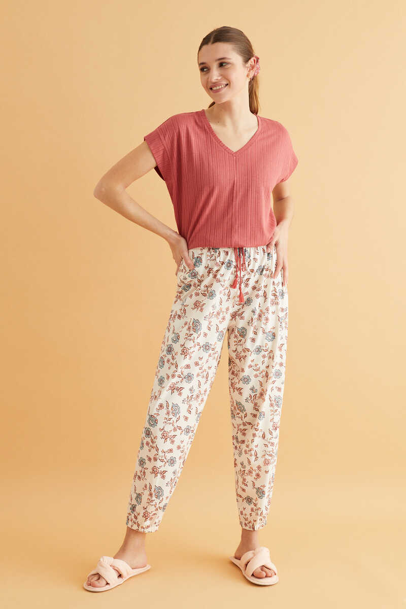 Womensecret Длинные брюки с цветочным принтом белого цвета 100 % хлопок бежевый